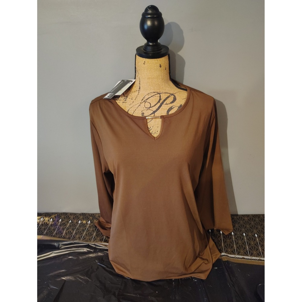Antthony Original Brown Keyhole Gold Bar Blouse XL NWT 3/4 Sleeve Top